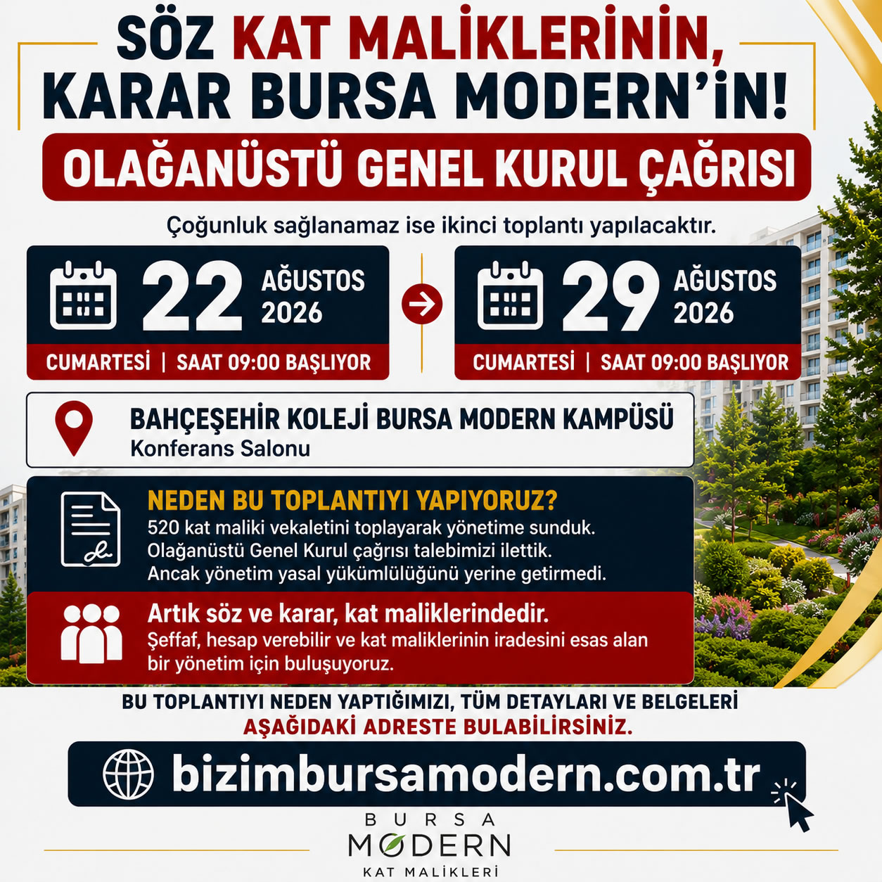 Bursa Modern Olağanüstü Genel Kurul Çağrısı: 22 Ağustos 2026 ve 29 Ağustos 2026, saat 09.00, Bahçeşehir Koleji Bursa Modern Kampüsü Konferans Salonu
